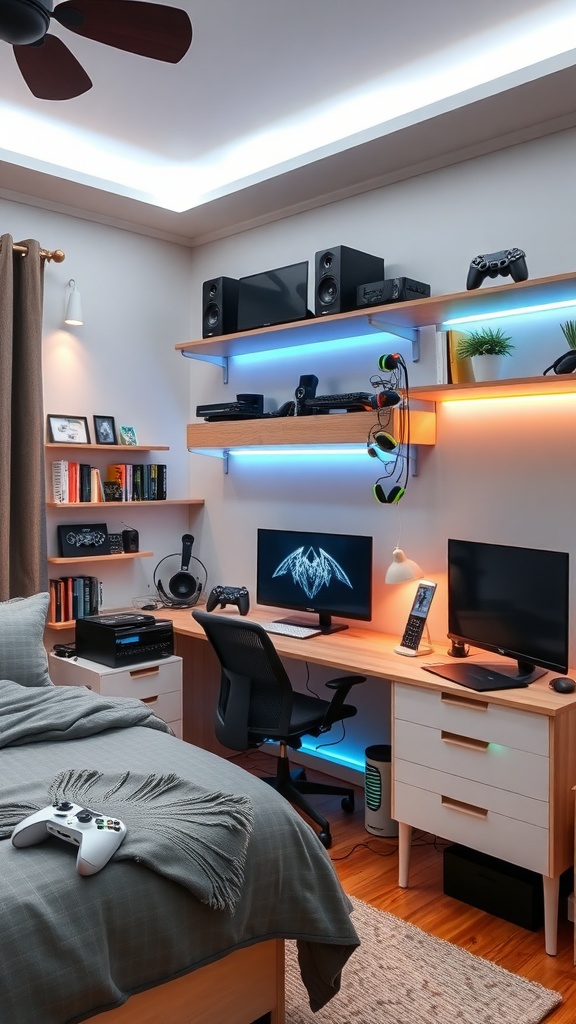 A modern gaming bedroom with LED lights, gaming consoles, and a comfortable setup.
