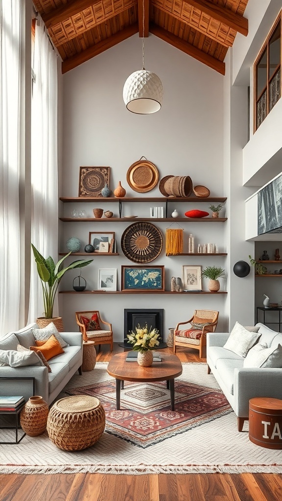 Cozy boho living room with high ceilings, woven baskets, plants, and a patterned rug.