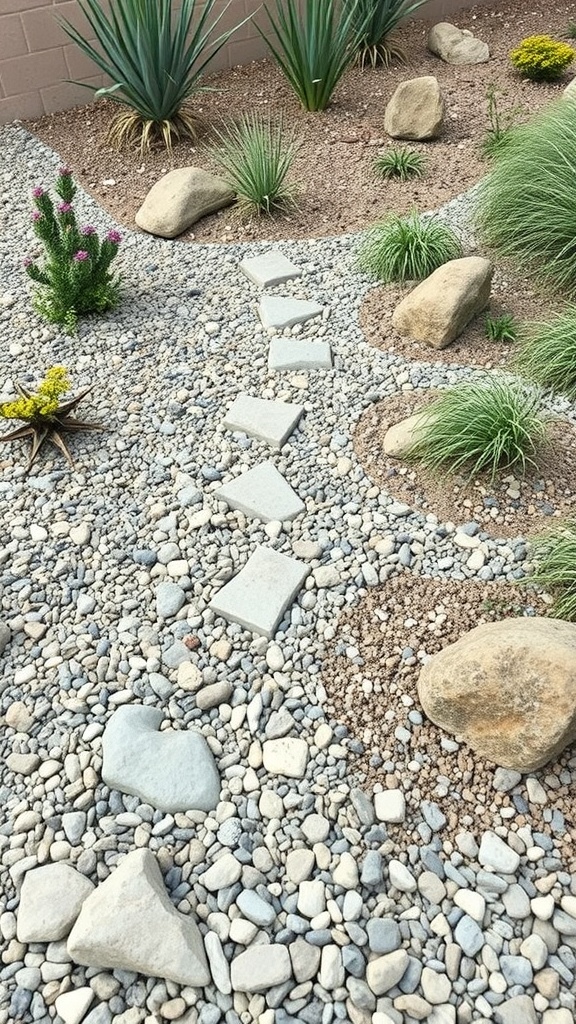 A gravel garden with stepping stones and various plants, showcasing a low-maintenance design.