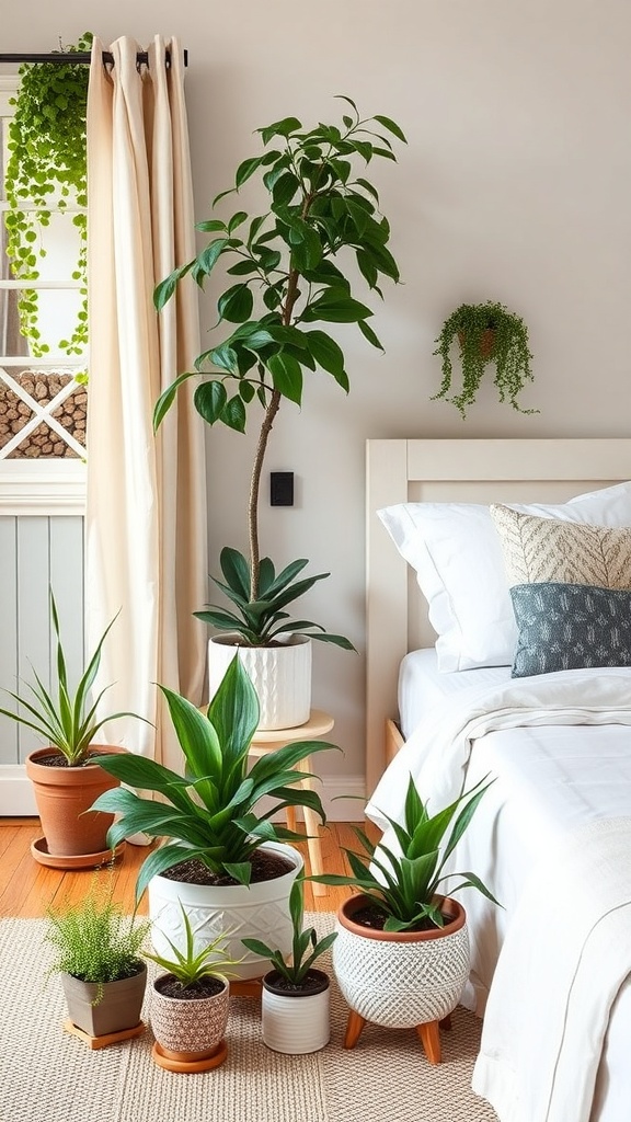 A cozy farmhouse bedroom with various potted plants and greenery.