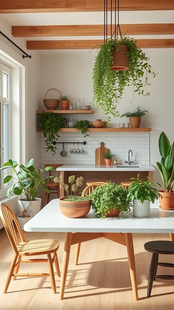 A cozy dining area featuring various plants, including hanging greenery and potted herbs.