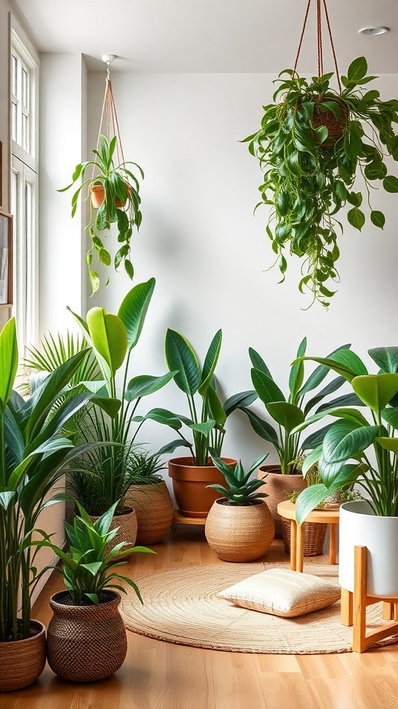 A cozy corner filled with various indoor plants in earthy pots, showcasing a modern Scandinavian interior design.