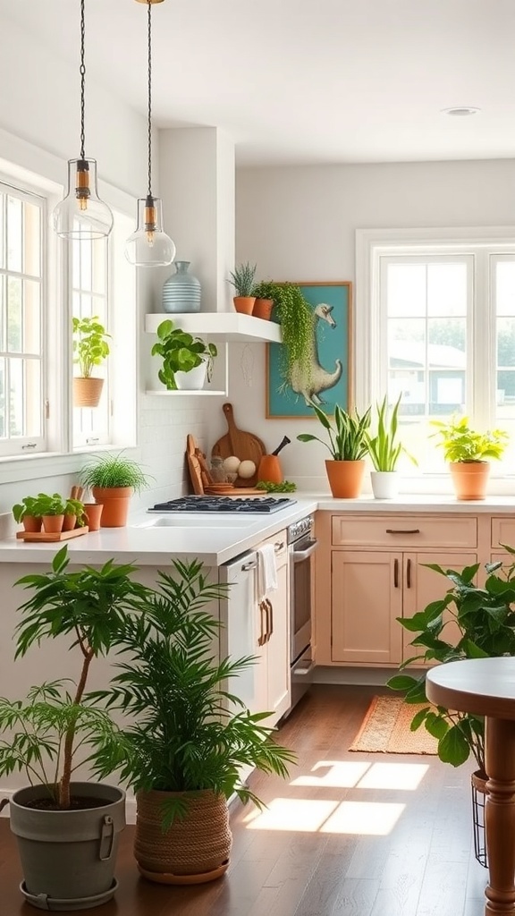 A bright kitchen featuring various potted plants on shelves and the floor, enhancing the modern farmhouse aesthetic.