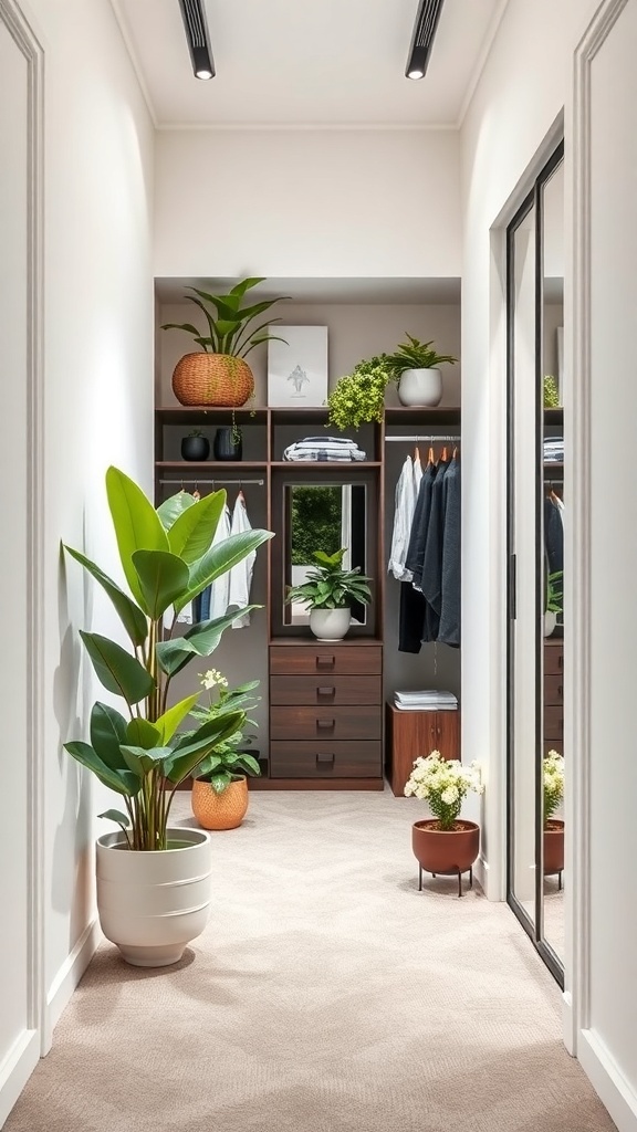 A walk-in closet featuring various plants, stylish storage, and a bright, inviting atmosphere.