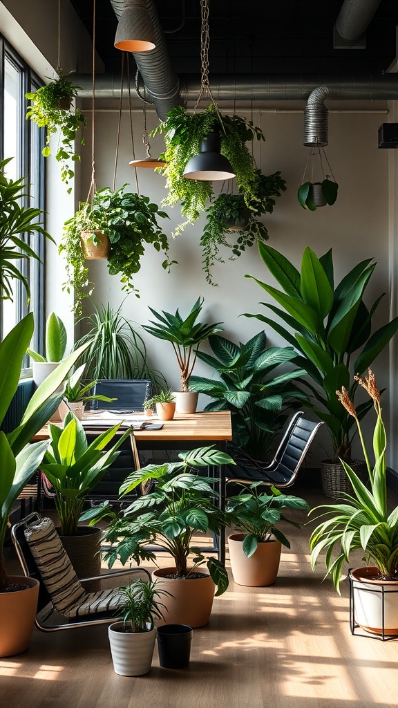 A modern home office filled with various plants, including hanging ferns and large leafy greens, creating a vibrant workspace.