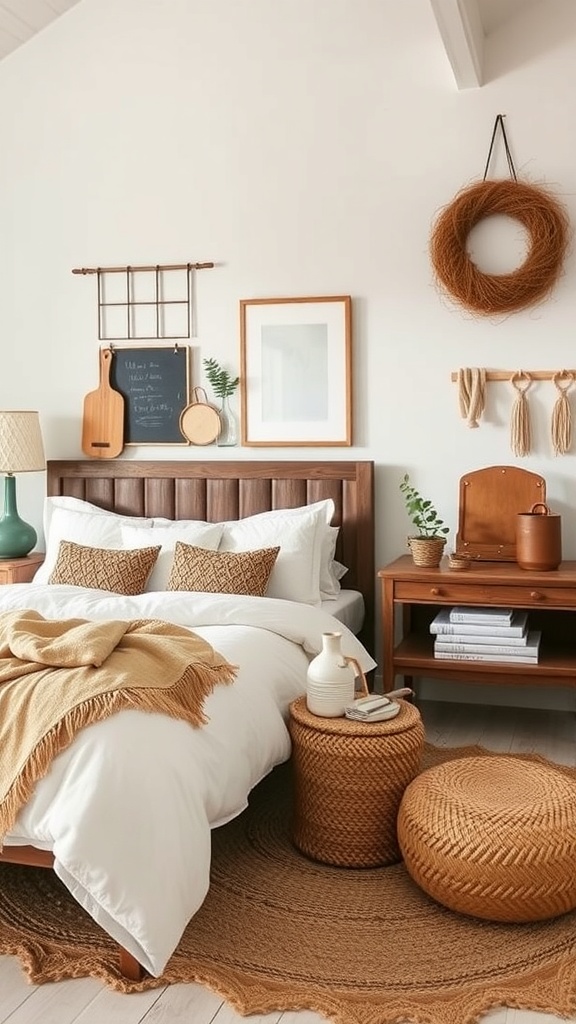 A cozy farmhouse bedroom featuring handcrafted decor elements.