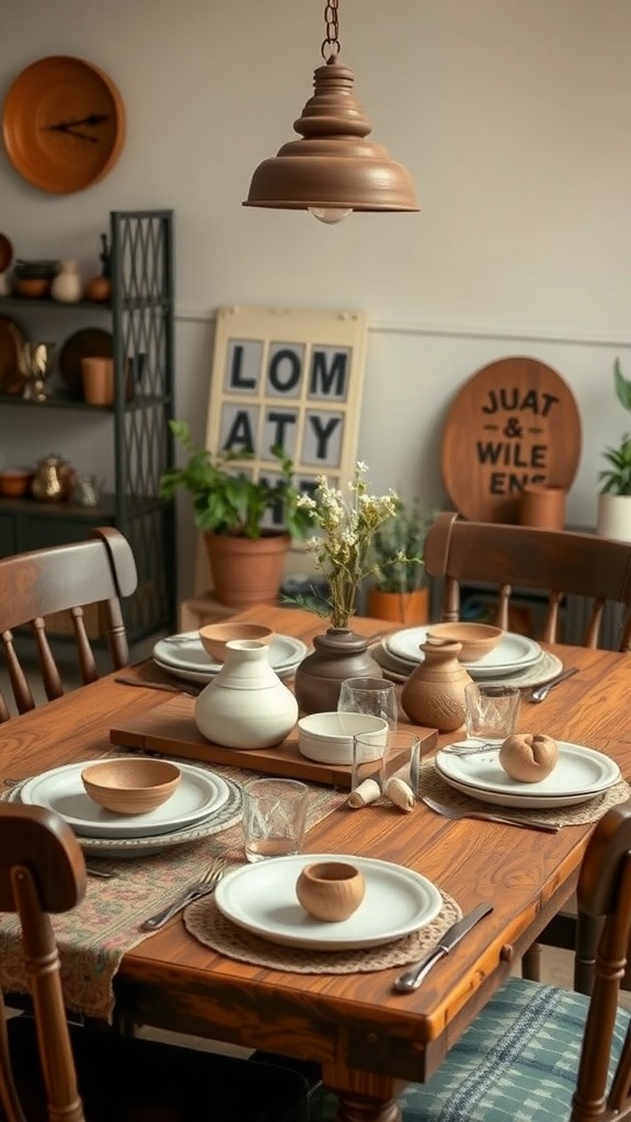 A rustic dining table set with handmade pottery, plates, and glasses, showcasing a cozy and inviting atmosphere.