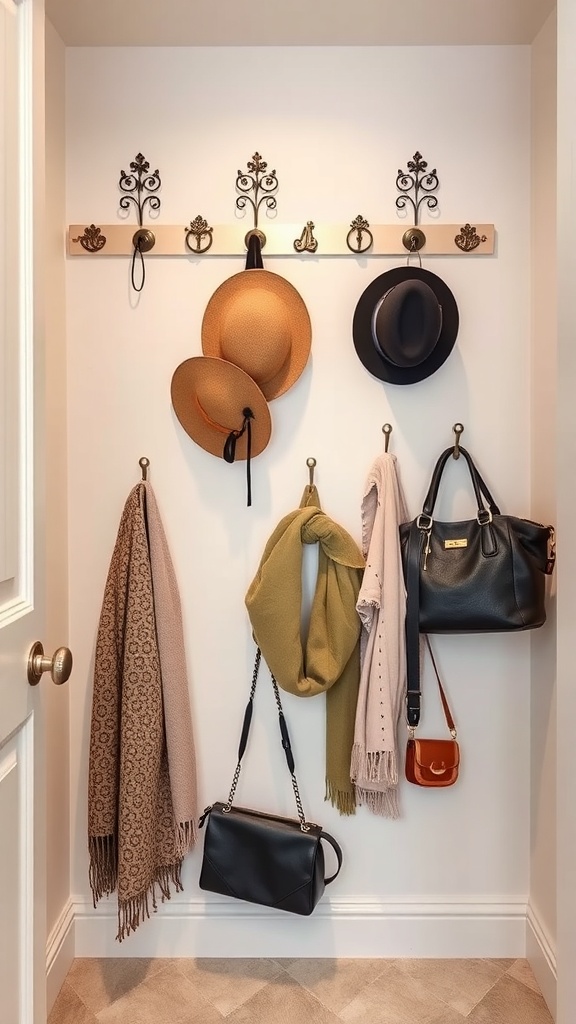 A stylish wall-mounted hook rack displaying hats, scarves, and bags in a small closet