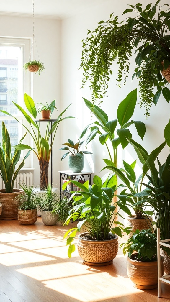 A bright room filled with various indoor plants in decorative pots, creating a lively atmosphere.