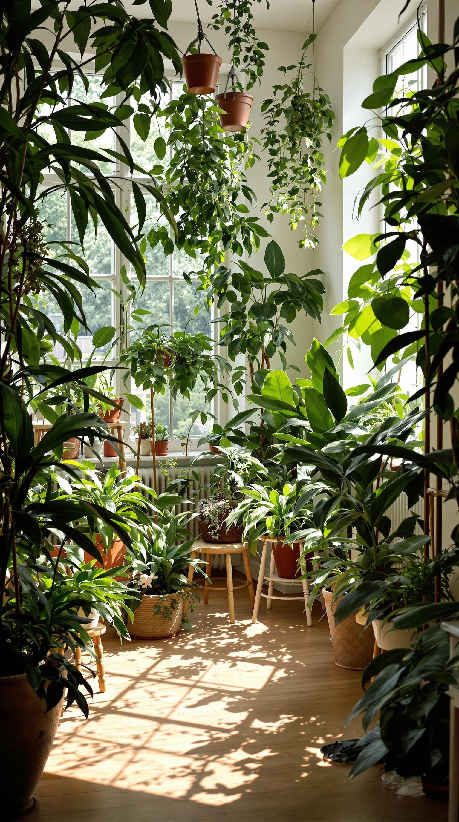 A bright room filled with various indoor plants in different pots, showcasing a lush and inviting atmosphere.