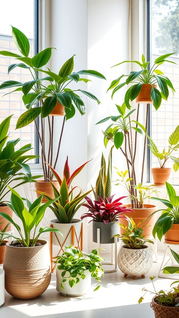 A bright room filled with various indoor plants in stylish pots, creating a fresh and inviting atmosphere.