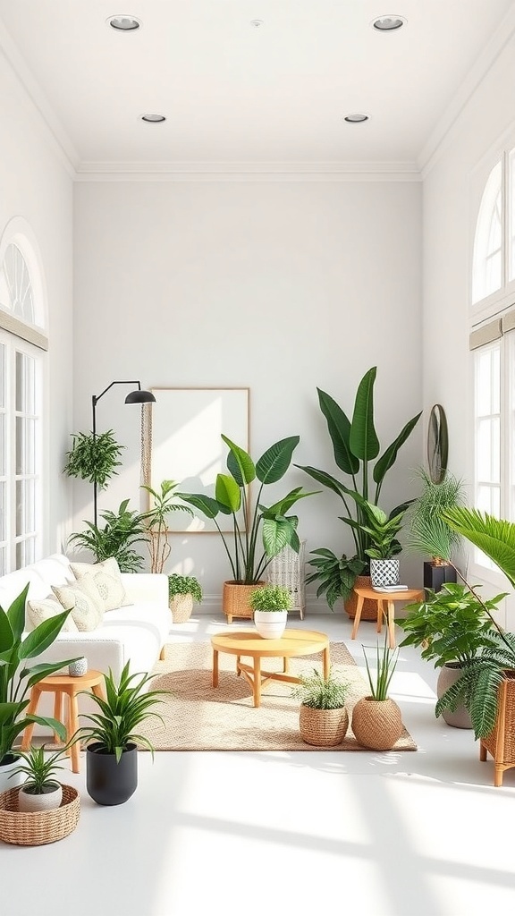A bright living room filled with various indoor plants, showcasing a cozy seating area and natural light.