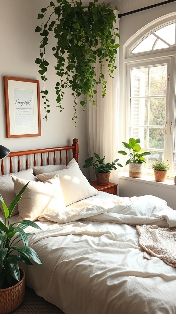 A cozy bedroom with a hanging plant and potted plants by the window.