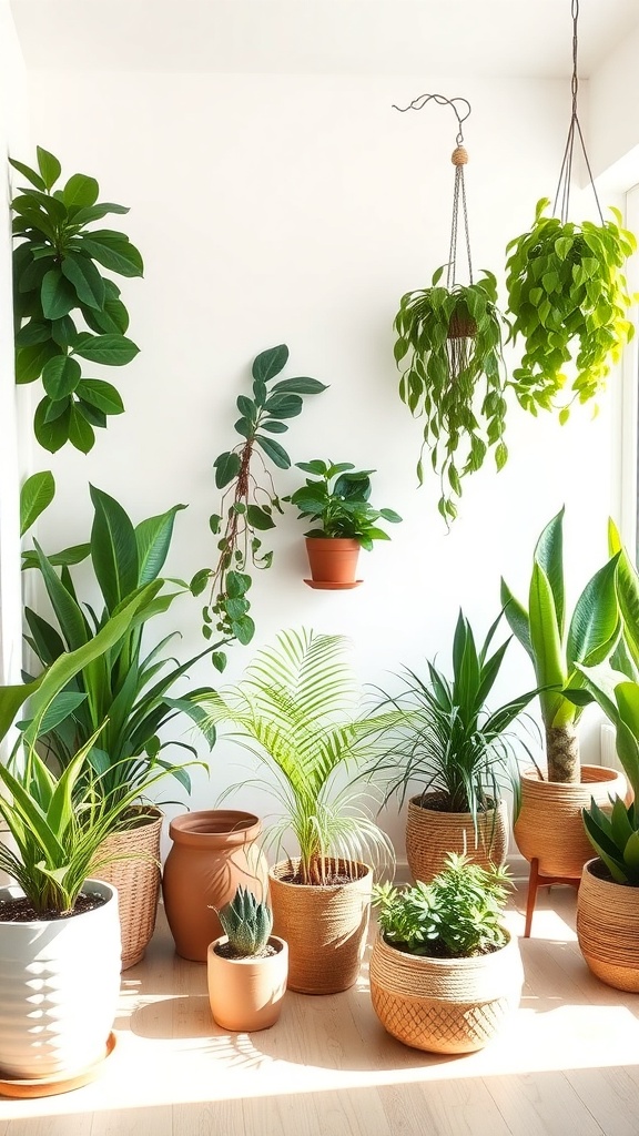 A bright indoor space filled with various indoor plants in different pots, showcasing a cozy and inviting atmosphere.