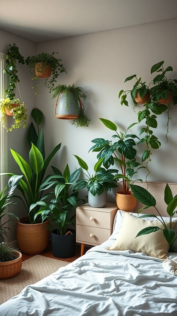A cozy bedroom filled with various indoor plants, creating a refreshing and inviting atmosphere.