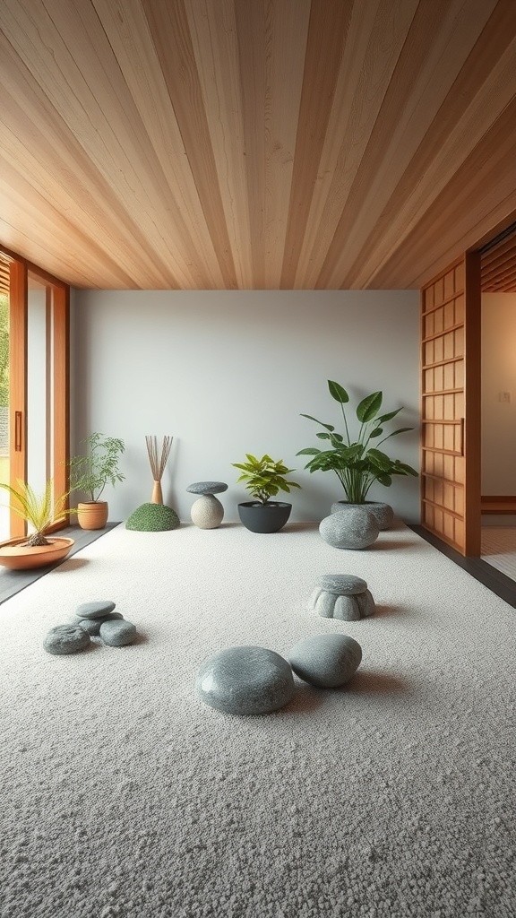 A minimalist interior featuring natural stones and plants, reflecting Japanese garden elements.