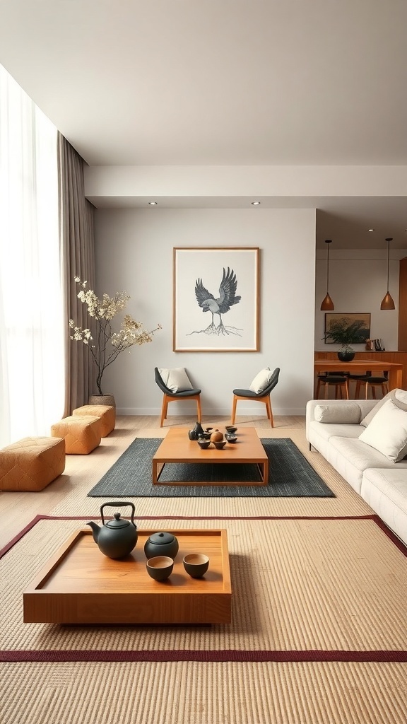 A minimalist living room featuring a low wooden table with tea set, tatami mat, and cozy seating.