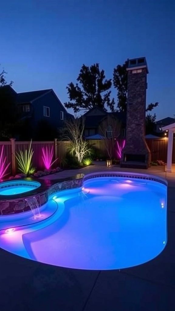 A beautifully lit sunken above-ground pool with colorful lights and landscaping at dusk.
