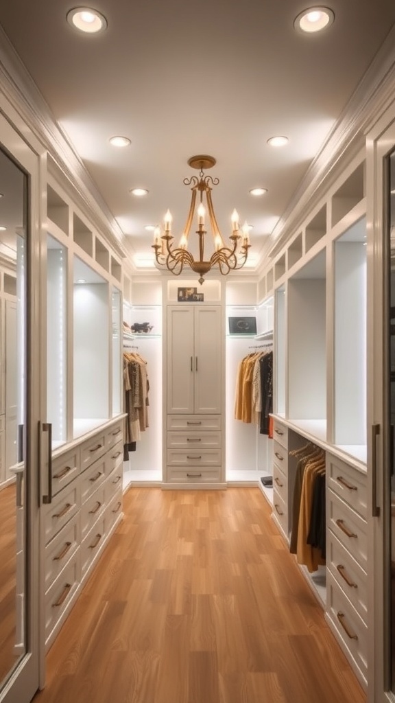 A well-lit walk-in closet featuring recessed lights and a chandelier, showcasing organized clothing and storage.