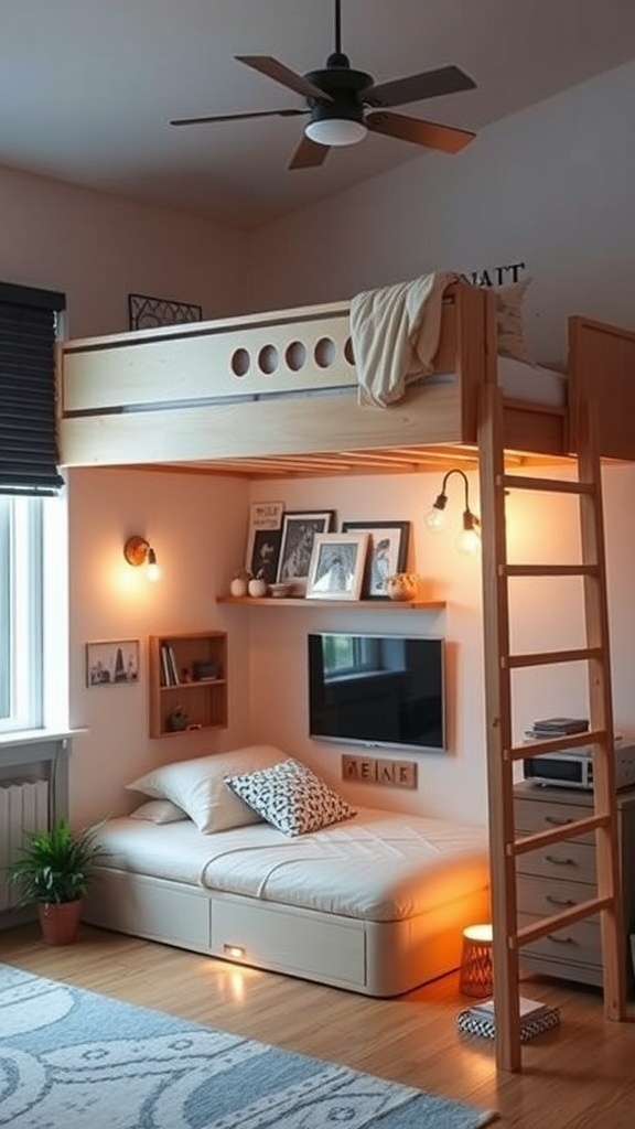 Cozy loft bed with warm lighting underneath, showcasing a comfortable seating area and decorative elements.