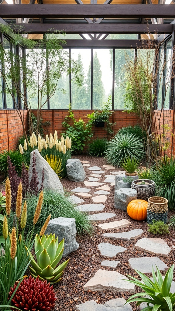 A serene garden path with various plants, rocks, and a pumpkin, showcasing local flora in a natural setting.