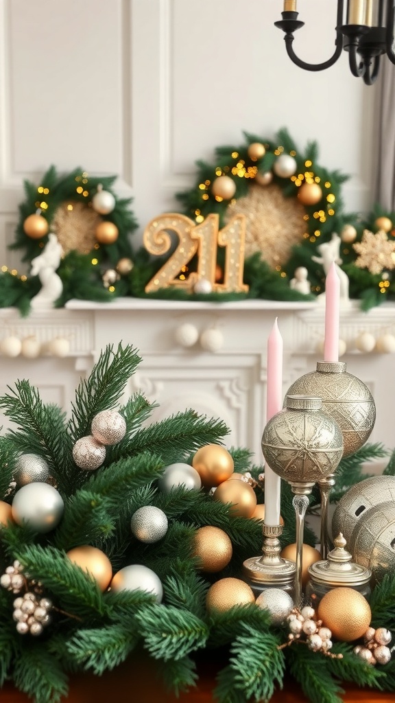 A beautifully decorated holiday mantel with metallic accents, featuring gold and silver ornaments, candles, and a lush green garland.