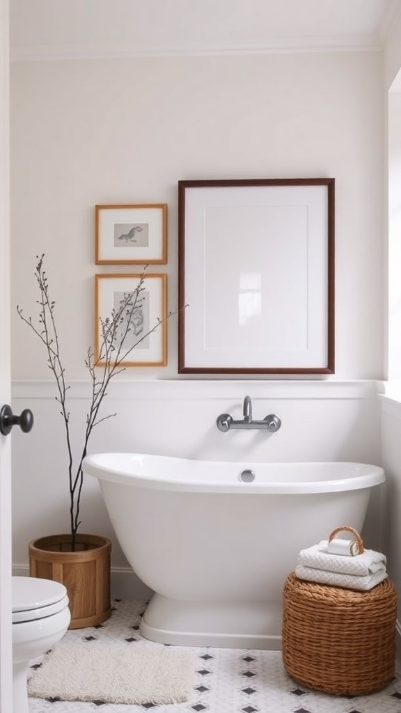 A minimalist bathroom featuring a freestanding tub, framed art on the wall, and natural decor elements.