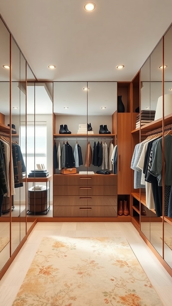 A modern walk-in closet featuring mirrored walls, wooden cabinetry, and stylish lighting.