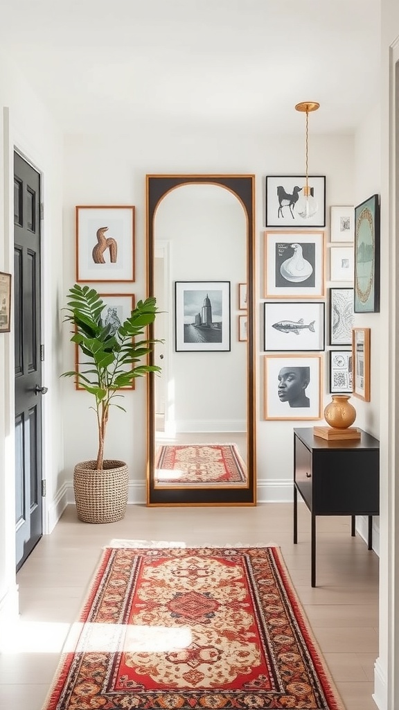 A stylish hallway featuring a gallery wall with mirrors and art pieces.