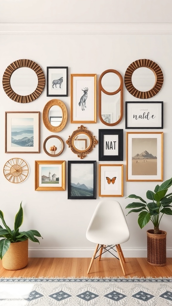 Gallery wall featuring a variety of framed art and mirrors, with plants and a chair in the foreground.