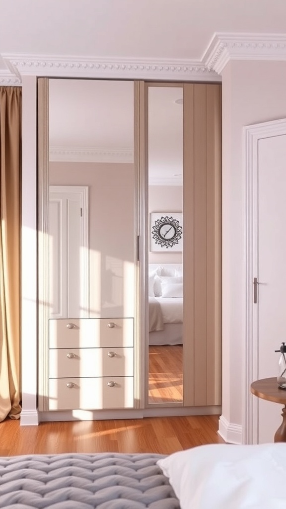 A stylish small bedroom featuring a built-in wardrobe with mirrored doors, enhancing the room's depth and light.