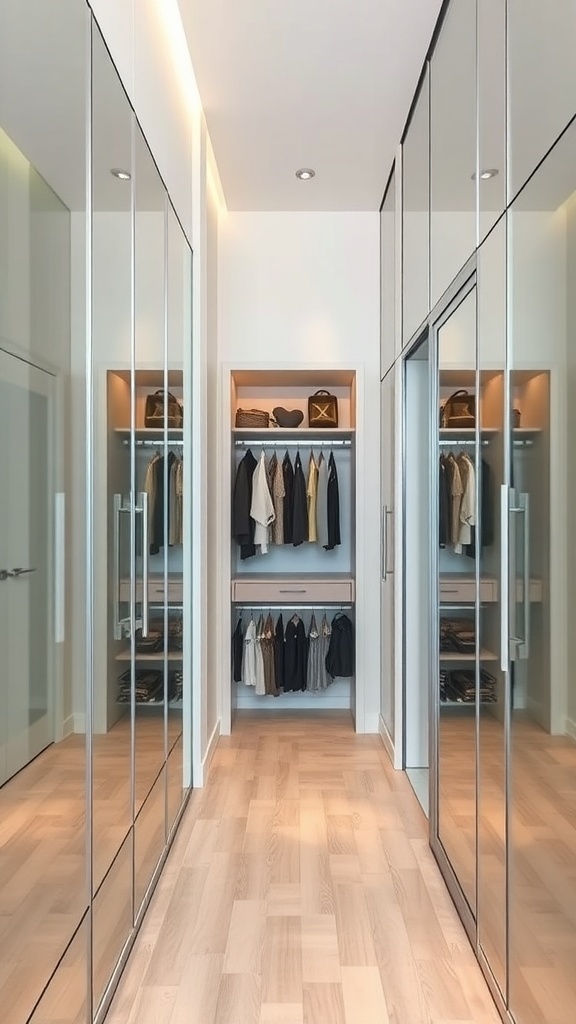 A modern walk-in closet featuring mirrored doors and organized clothing storage.