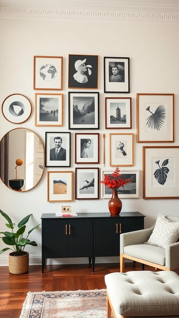 Gallery wall featuring various framed artworks and a round mirror.