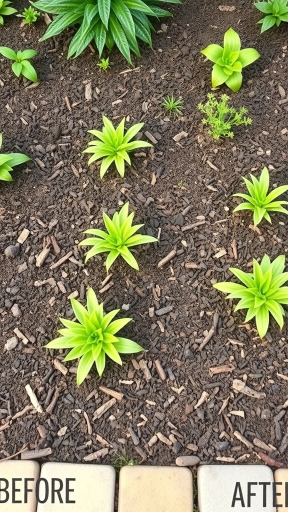 Before and after images of a garden area with mulch applied around plants