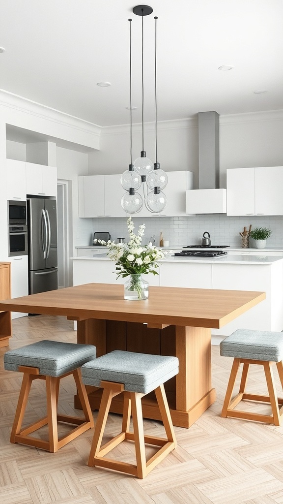 A modern kitchen with a wooden table and stylish stools, featuring pendant lighting.