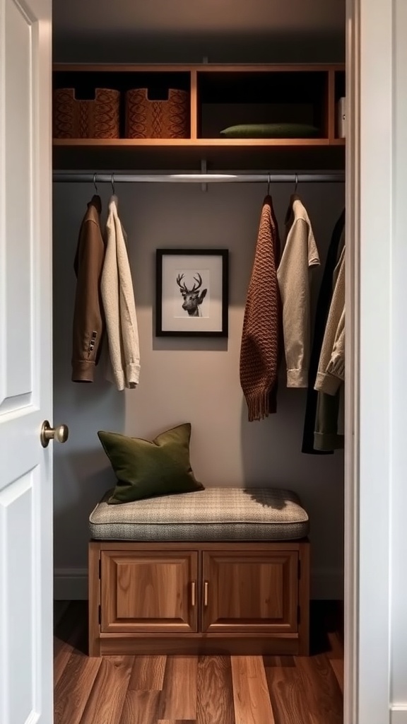 A well-organized closet featuring a storage bench, hanging clothes, and decorative elements.