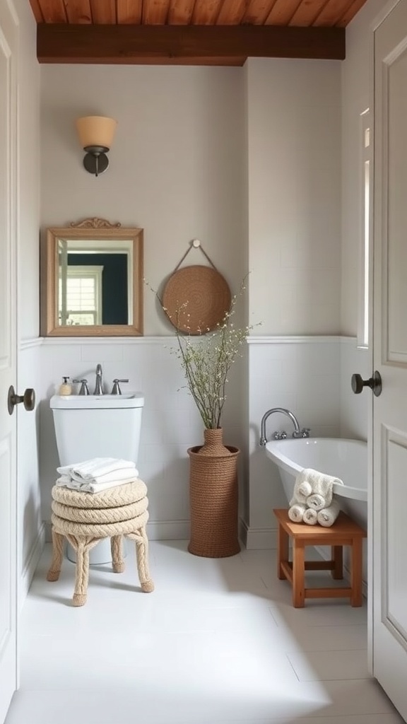 A minimalist cottage bathroom featuring multi-functional furniture, including a rope stool, woven basket, and wooden stool.