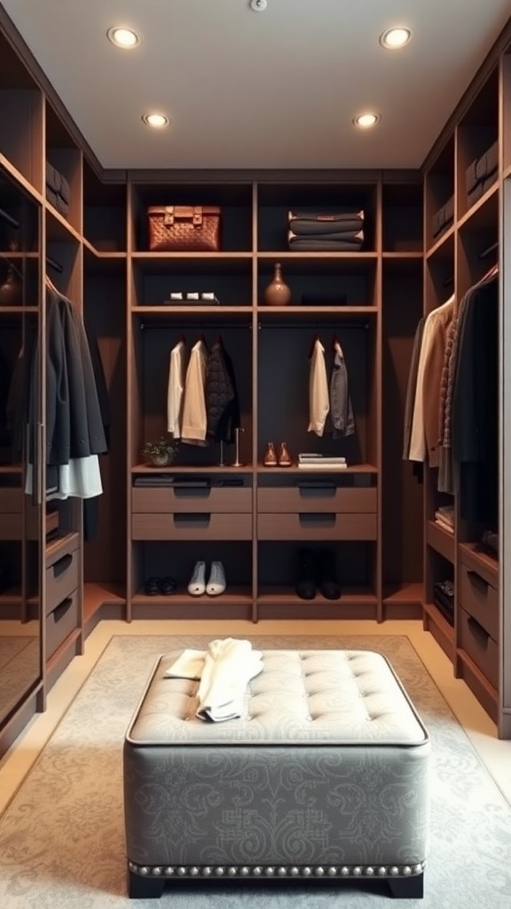 A modern walk-in closet featuring organized shelves, drawers, and a multi-functional ottoman.