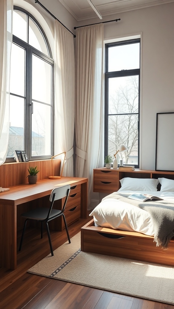 A cozy small bedroom featuring multi-functional furniture, including a bed with storage and a desk.