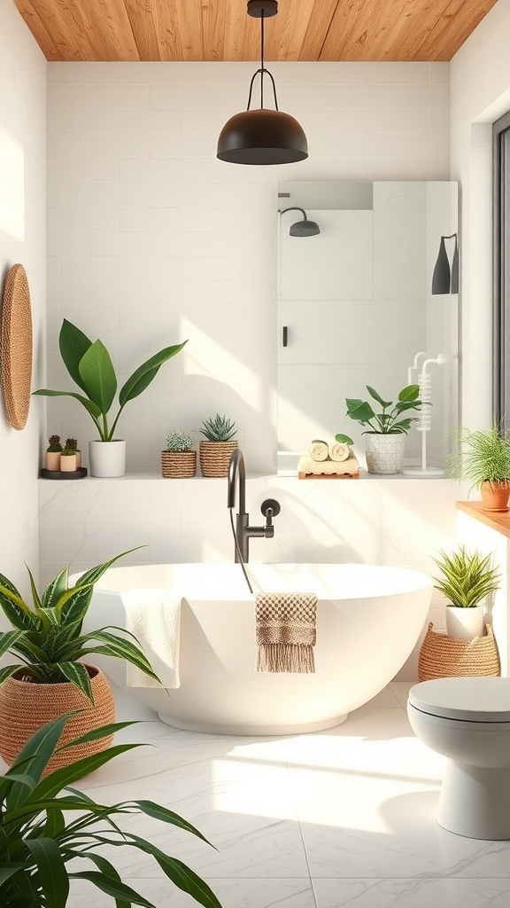 A modern bathroom featuring a freestanding tub, plants in woven baskets, and a wooden ceiling.