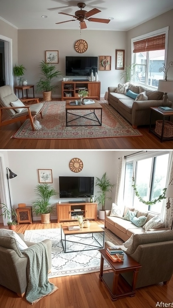 Before and after image of a living room makeover showcasing natural elements.