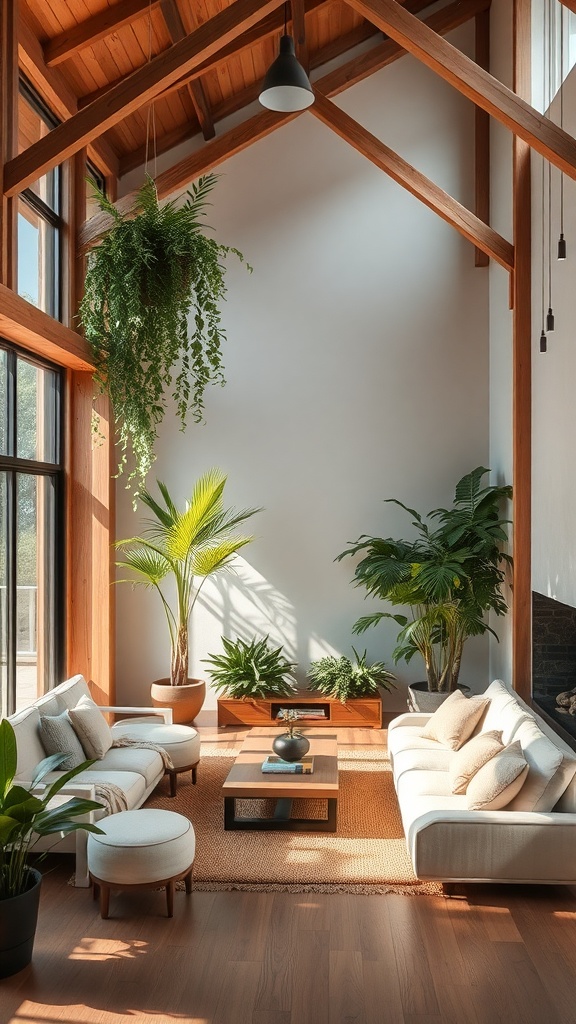 A sunken lounge with large windows, wooden beams, and various indoor plants.