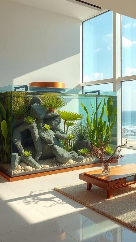 A stylish aquarium with natural elements like plants and rocks, set in a modern room with large windows.