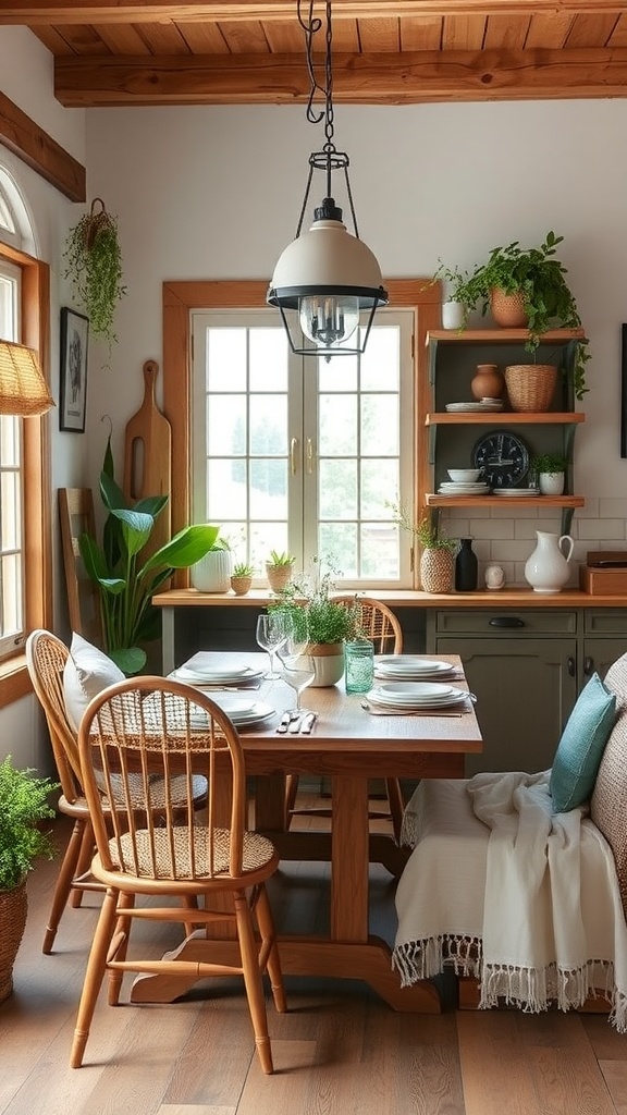 Cozy farmhouse dining area with wooden furniture and plants