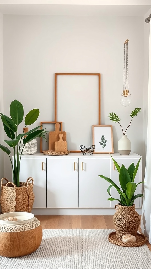 A minimalist living space featuring plants, wooden decor, and woven baskets.
