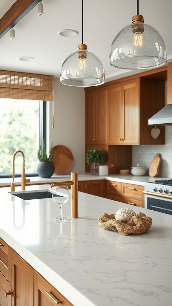 A stylish kitchen countertop featuring a marble surface, wooden cabinets, and decorative natural elements.
