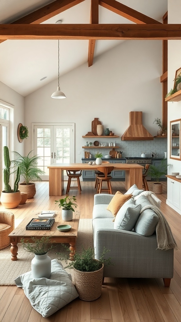 A rustic farmhouse living area featuring wooden beams, plants, and cozy furniture.