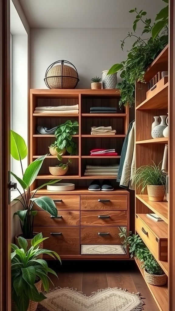 A cozy walk-in closet featuring wooden shelves, plants, and natural light.