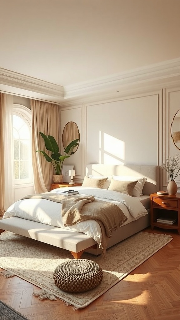 An Art Deco bedroom featuring natural elements like a plant, wooden furniture, and soft fabrics.