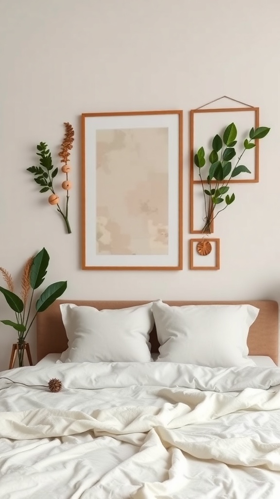 A cozy bedroom featuring natural elements in wall art, including framed leaves and flowers.